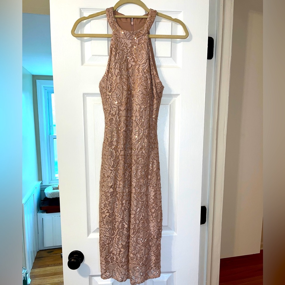 Nightway Rose Gold Sequin Lace Midi